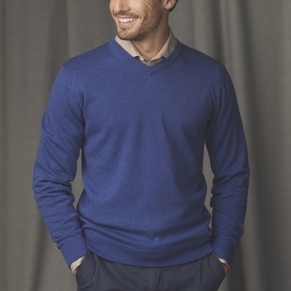 Thomas Dean Men’s Knit Sweater 100% Merino Wool Blue V neck Sz XL